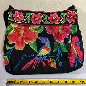 Culture bag Black multi colored Florals with  Intricate colorful Embroidery